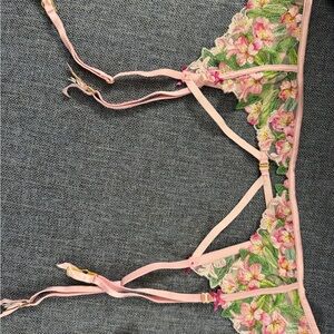 Floral Embroidered Lace Garter belt  - Pink and Green
